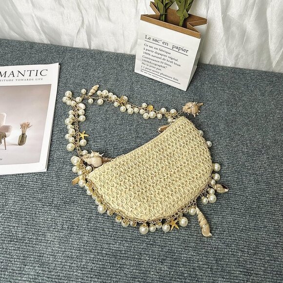 Pearl Straw Clutch Purse for Women Summer Vacation Purses Beach Evening Bag Bead - Picture 3 of 7